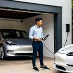 A professional Malaysian man in his 30s, dressed in a modest smart casual shirt and trousers, fully clothed, standing in his modern, sunlit home garage. He is calmly plugging a Tesla Model 3 into a sleek wall charger. The scene conveys a sense of ease and efficiency, with a hint of green foliage outside the garage door. High-resolution, professional photography, natural lighting, perfect anatomy, correct proportions, well-formed hands, proper finger count, natural body proportions. safe for work, appropriate content, fully clothed, professional, family-friendly.