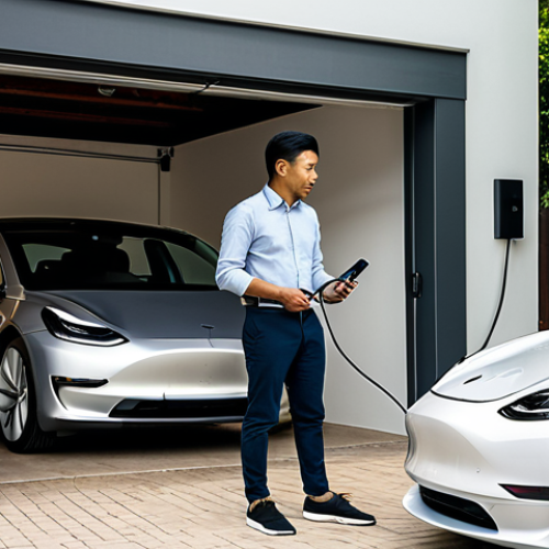 A professional Malaysian man in his 30s, dressed in a modest smart casual shirt and trousers, fully clothed, standing in his modern, sunlit home garage. He is calmly plugging a Tesla Model 3 into a sleek wall charger. The scene conveys a sense of ease and efficiency, with a hint of green foliage outside the garage door. High-resolution, professional photography, natural lighting, perfect anatomy, correct proportions, well-formed hands, proper finger count, natural body proportions. safe for work, appropriate content, fully clothed, professional, family-friendly.