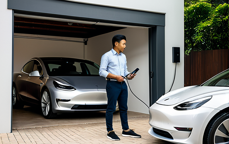 A professional Malaysian man in his 30s, dressed in a modest smart casual shirt and trousers, fully clothed, standing in his modern, sunlit home garage. He is calmly plugging a Tesla Model 3 into a sleek wall charger. The scene conveys a sense of ease and efficiency, with a hint of green foliage outside the garage door. High-resolution, professional photography, natural lighting, perfect anatomy, correct proportions, well-formed hands, proper finger count, natural body proportions. safe for work, appropriate content, fully clothed, professional, family-friendly.